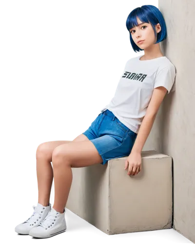 seiran,sitting on a chair,manami,bulma,isolated t-shirt,blue hair,saiko,feiyue,marinette,kazzia,portrait background,rei ayanami,denim background,blu,jeans background,bluelight,nanami,sumiala,xiaolu,sonicblue,Illustration,Realistic Fantasy,Realistic Fantasy 31