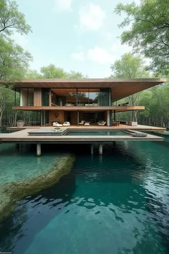 A striking floating villa designed to sit just above water level, surrounded by mangroves. The villa is supported by discreet stilts, with tidal pools forming beneath and around the structure. Glass f