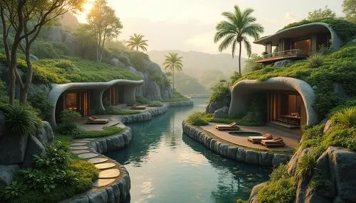 tropical island,tropical jungle,paradis,floating huts,tropical house,bungalows,tropics,dreamhouse,hideaways,landscaped,home landscape,beautiful home,asian architecture,idyllic,secluded,shangri,amanresorts,seclude,floating islands,futuristic landscape,Photography,General,Realistic