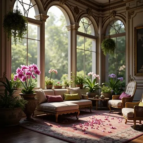 sunroom,conservatory,sitting room,ornate room,dandelion hall,orangery,victorian room,living room,floral corner,interiors,bay window,livingroom,breakfast room,conservatories,houseplants,beautiful home,highgrove,orangerie,floral chair,interior decor