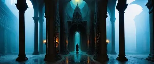 a man standing in an abandoned courtyard under a bright sky,hall of the fallen,mihrab,ice castle,portal,pillars,thingol