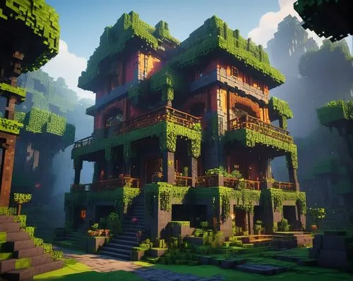 shaders,voxel,ravines,forest house,voxels,overgrowth,render,shader,3d render,house in the forest,skylands,treehouse,tree house,treehouses,ravine,kudzu,biomes,rendered,ancient city,ancient house,Conceptual Art,Oil color,Oil Color 11