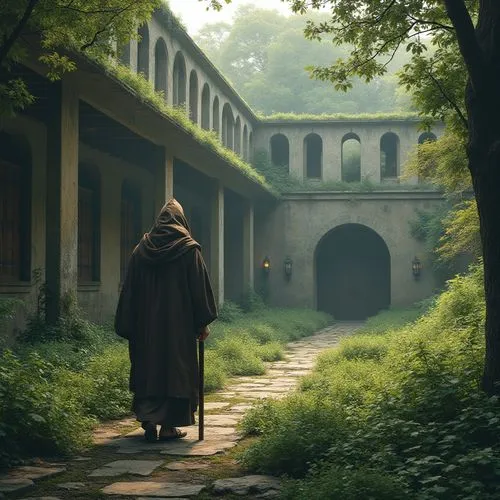 Brutalist monastery, park design, solitary monk, hood up, worn brown robe, sandals, staff, peaceful atmosphere, lush greenery, overgrown bushes, wildflowers, moss-covered stones, ancient trees, misty 