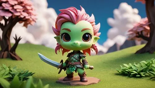 Dragonborn, Chibi, cute, small, green scales, big eyes, tiny wings, pink hair, ponytail, adorable face, sweet smile, white shirt, orange shorts, holding a small sword, standing on one leg, grassland, 