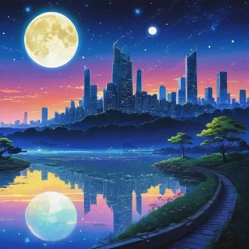 japan's three great night views,moon and star background,dream world,moonlit night,lunar landscape,clear night,landscape background,blue moon,fantasy city,sky city,tokyo city,mid-autumn festival,earth rise,moon night,japan landscape,phase of the moon,moonlit,moonscape,moonrise,night scene,Illustration,Japanese style,Japanese Style 05