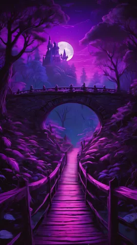 purple landscape,cartoon video game background,purple wallpaper,halloween background,wall,viola bridge,purple background,fantasy landscape,purple,the mystical path,hangman's bridge,purple moon,pathway,halloween border,wooden bridge,landscape background,halloween wallpaper,devil's bridge,devilwood,fantasy picture,Illustration,Realistic Fantasy,Realistic Fantasy 02