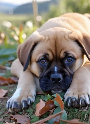 a puppy lying on the ground in the leaves,cute puppy,boerboel,dogue de bordeaux,dwarf bulldog,english bulldog,dog puppy while it is eating,Photography,General,Realistic