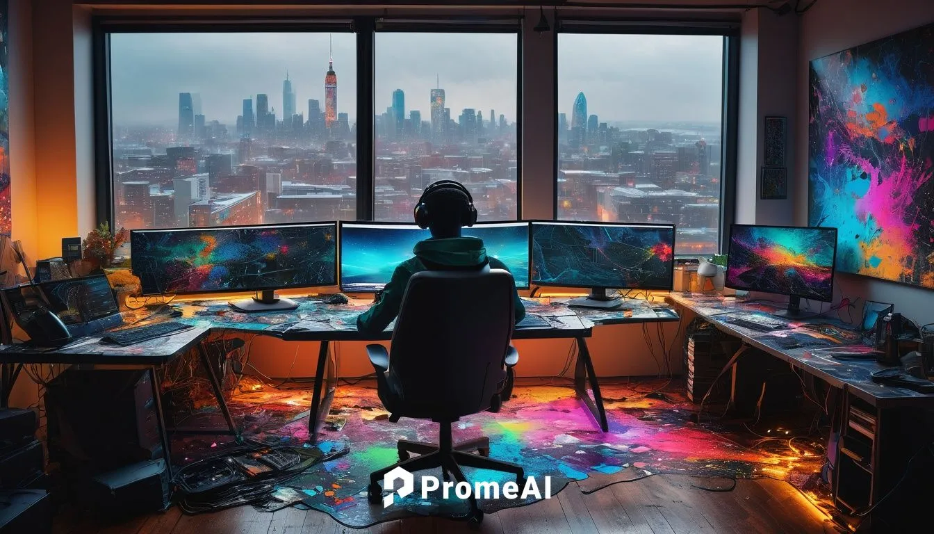 AI art editor, futuristic desk setup, ergonomic chair, modern studio, multiple monitors, colorful wires, sleek keyboard, advanced mouse, creative messy workspace, inspirational art pieces on walls, ci