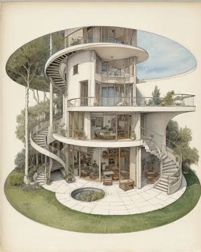 karchner,mid century house,mid century modern,archigram,esherick,sedensky,queler,seidler,tonelson,hejduk,adolfsson,eckersberg,chromolithography,cohousing,swedish artist carl larsson,house drawing,cutaway,treehouses,corbu,fallingwater