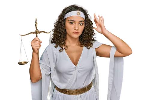 Lady Justice, blindfolded, holding scales, golden armor, flowing white robe, curly brown hair, solemn expression, detailed eyes, gentle lips, subtle makeup, standing, symmetrical composition, soft foc