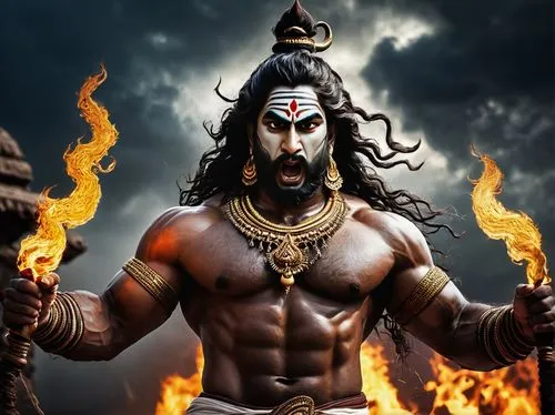 Angry powerful Lord Shiva, muscular physique, intense facial expression, third eye on forehead, long curly hair, golden crown, intricate jewelry, sacred thread, majestic beard, ornate chest armor, reg