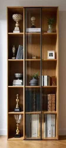 Photorealistic image of a natural oak bookshelf, left section with open shelves, right two sections enclosed with glass doors with black frame and handles, displaying various awards (mix of gold, silv