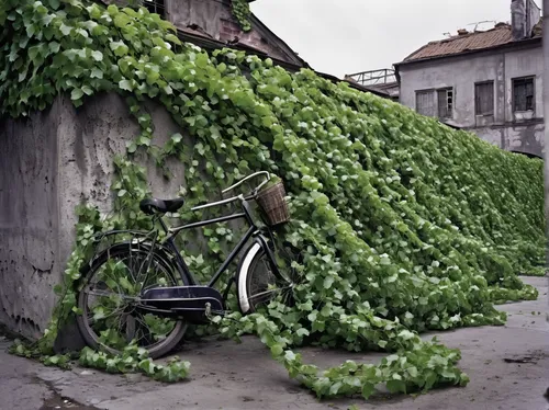 Create an abandoned bike city overrun by nature, where vines entangle the empty streets.,car recycling,environmental art,green waste,bicycles,hybrid bicycle,parked bike,bicycle basket,passion vine,pla