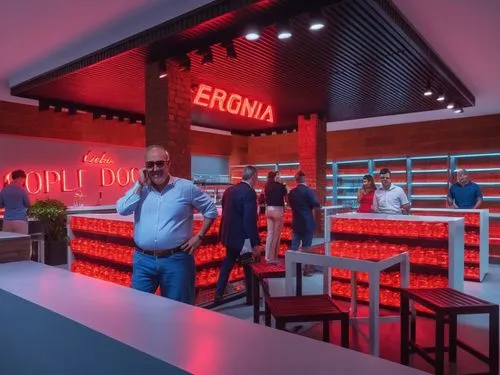 vista diurna,frigeradores al fondo,muros color neutro,letras y logotipos con neon,muchas gentes comprando,,scavolini,zetsche,photokina,bar counter,enernoc,equinix,ice cream stand,zumbo,rodamco,osram,s