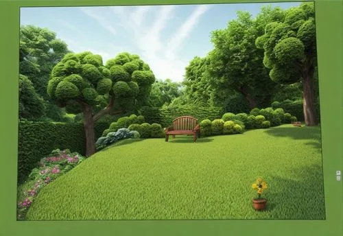 Garden is beautiful, lush, green, wide, bright. It has many trees. It is refreshing and comfortable,background vector,background texture,cartoon video game background,3d background,3d mockup,backgroun