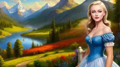 Romantic masterpiece oil painting, beautiful slim busty woman portrait, petticoat, nostalgic 1950's style kitsch, standing in front of a breathtaking beautiful epic vast landscape, majestic vibrant lu