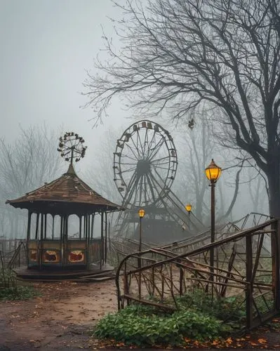 amusement park,dark park,foggy day,theme park,prater,bandstand,carousel,children's playground,ghost town,autumn fog,myst,autumn park,disneyland park,fairground,lostplace,foggy landscape,playset,boomerang fog,foggy,playground,Conceptual Art,Graffiti Art,Graffiti Art 12