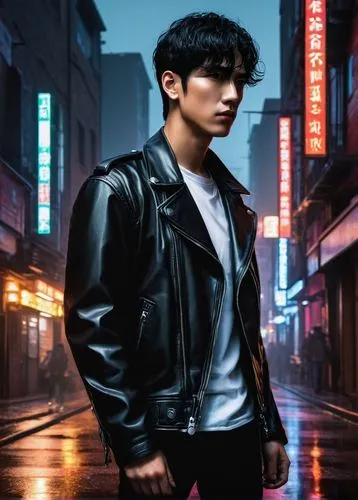 guk,yukio,choi kwang-do,korean drama,busan night scene,ten,jacket,bolero jacket,songpyeon,leather jacket,gangneoung,tan chen chen,paeonie,ren,hong,kai yang,kdrama,kai,korean won,portrait background,Illustration,American Style,American Style 14