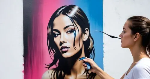 Woman  is spray painted art.,a woman is painting a wall with a picture of a female,street artist,meticulous painting,adnate,airbrush,wall paint,street artists