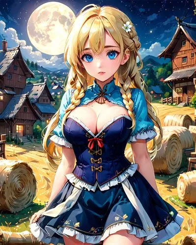 pinup style illustration,  folklore.
beautiful Polish woman with big blue eyes, very long braided blonde hair, large breast, slim waist, wide hips, wearing  a eastern European folk attire,  in corset,