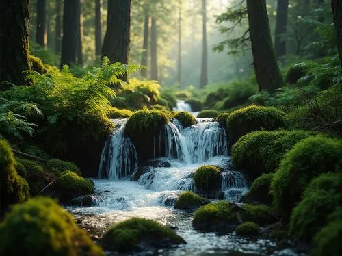 Physically based rendering, Natural light, A nature photograph capturing a serene forest scene. The main subject is a cascading waterfall that flows over moss-covered rocks, surrounded by lush green f