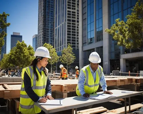 Modern design architecture, job site, Oakland, California, sunny day, blue sky with few clouds, green trees surrounding, tall skyscrapers in background, busy streets with people walking, construction 