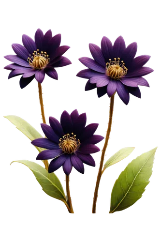 Dark purple flowers, delicate petals, golden anthers, green stems, leaves with dew, soft focus, warm lighting, shallow depth of field, macro shot, 3/4 composition, vibrant colors, detailed texture.,af