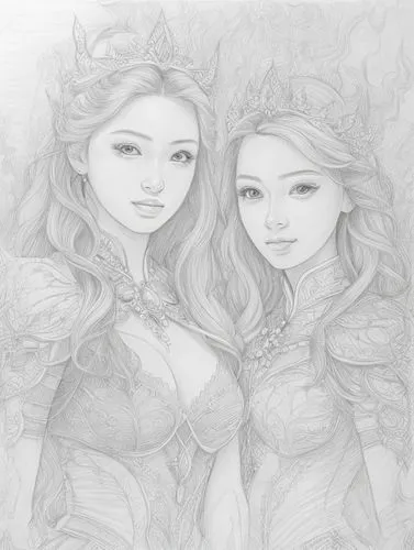 celtic woman,mermaid vectors,two girls,fantasy portrait,mermaids,fairies,mother and daughter,graphite,fantasy art,princesses,fairytale characters,gemini,hydrangeas,lotus art drawing,mom and daughter,sisters,sirens,fantasy picture,mermaid background,line-art,Design Sketch,Design Sketch,Character Sketch