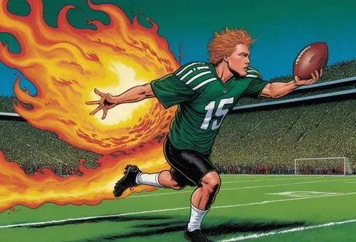 激情飞起的足球带着火焰，在绿色的足球场上,an artistic rendering of a football player on fire,eyeshield,scalabrine,foles,fireballer,weeden,football player,Illustration,American Style,American Style 03