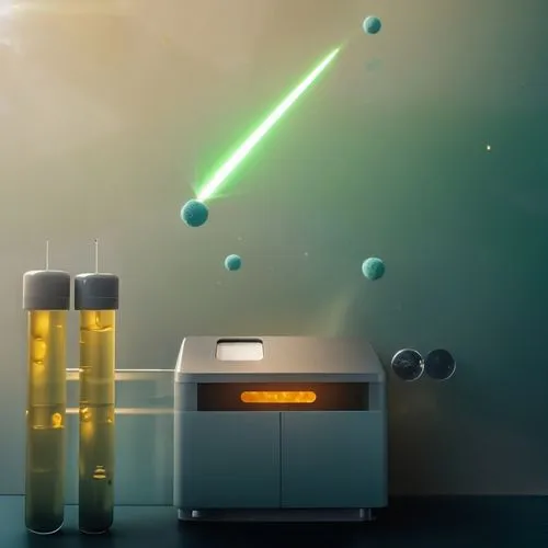 Green, glowing laser beam hits particles from t2wom angels unter den steel spike, at the point where they meet a bright shine,biosamples icon,plasma bal,scientific instrument,laboratory oven,laser swo