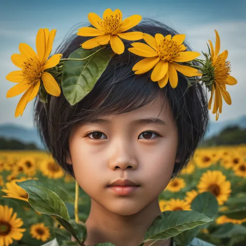 girl in flowers,child portrait,yellow petals,yellow flower,sunflower field,girl picking flowers,sunflower,sunflower coloring,beautiful girl with flowers,flower girl,helianthus,sunflowers,yellow daisies,sun flowers,woodland sunflower,sunflower lace background,sun flower,world digital painting,photo manipulation,young girl,Illustration,Abstract Fantasy,Abstract Fantasy 17