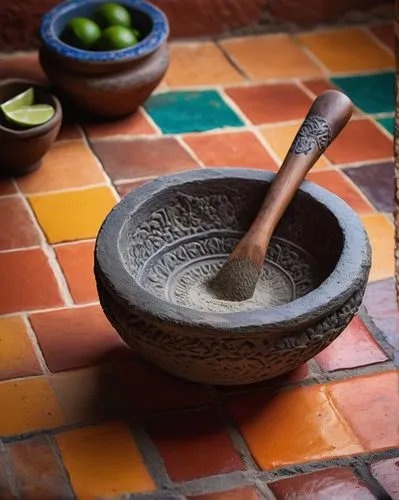 Molcajete, traditional Mexican mortar, stone base, intricate carvings, rustic texture, worn-out handle, wooden spoon, vibrant colorful tiles, Mexican kitchen, warm lighting, close-up shot, shallow dep