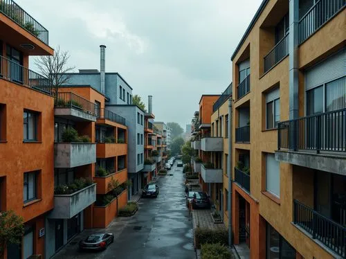 Industrial housing complex, brutalist architecture, raw concrete textures, exposed pipes, metallic accents, bold color blocking, vibrant orange hues, deep blue tones, neutral beige shades, urban citys