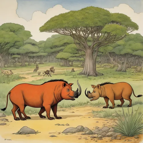 southern square-lipped rhinoceros,aurochs,southern white rhinoceros,white rhinoceros,tsavo,horned cows,rhinoceros,indian rhinoceros,black rhinoceros,mammals,oxen,uintatherium,hartebeest,oxpecker,forest animals,anthropomorphized animals,buffalo herd,kenya africa,cape buffalo,pair of ungulates,Illustration,Realistic Fantasy,Realistic Fantasy 31