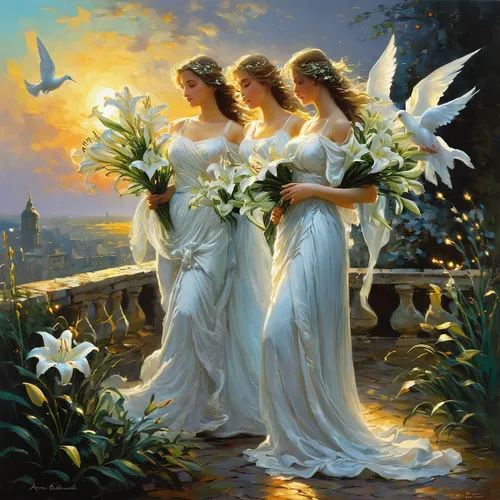 "White maidens carried lit-up lilies while forming the ""Dove of Peace.""",angel's trumpets,angel trumpets,the three graces,peace lilies,celtic woman,angels,oil painting on canvas,wedding dresses,ange