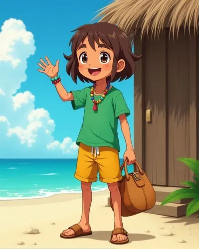 skinny, rustic, dark skin, sunburned, boy, tall brown bob cut hairstyle, thick eyebrows, brown eyes, perky butt, colorful beaded necklace and bracelet, green t-shirt, yellow shorts, rustic sandals,exc