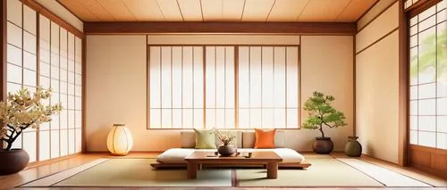 japanese-style room,tatami,ryokan,ryokans,bamboo curtain,wooden windows,kondo,japanese patterns,chanoyu,dojo,window blinds,kyoto,windowblinds,japanese style,tea ceremony,ikebana,wood window,zakka,nakashima,japanese floral background,Illustration,Realistic Fantasy,Realistic Fantasy 01