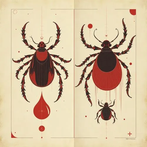 a pair of two paintings depicting two scaries,latrodectus,ticks,redbacks,anansi,scarabs,insecta