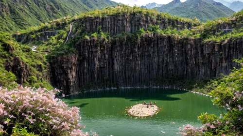 Mountains full of locust flowers, mountain waterfalls flow into the lake below the mountain,volcanic crater,volcanic lake,guilin,philippines scenery,guizhou,philippines,philippines php,zhangjiajie,cha