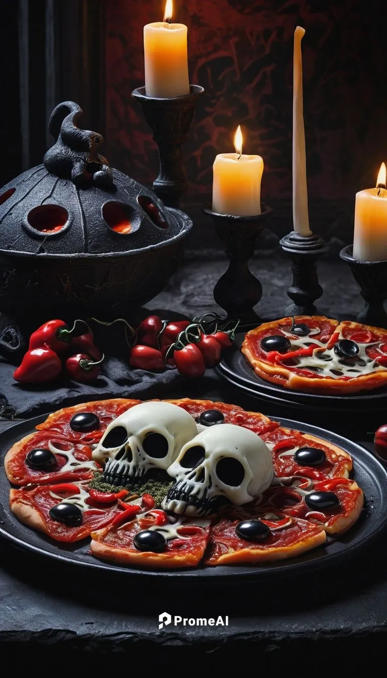 Cursed, Gothic, dark themed, pepperoni slices with bloodshot eyes, melted mozzarella cheese like witch's brew, black olives resembling eyeballs, red peppers cut into demonic shapes, onions that resemb