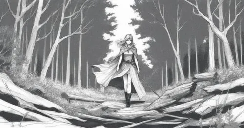 sketch, woman, forestry background, black and white,black and white drawing of a woman in the woods with fire on her head,forest man,forest work,forest,the forest,ghost forest,forest walk,tree torch,s