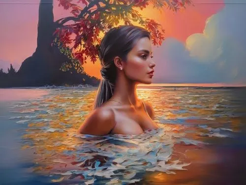 oil painting on canvas,girl on the river,oil painting,water nymph,art painting,mystical portrait of a girl,the blonde in the river,girl with tree,oil on canvas,fantasy art,immersed,girl with a dolphin,siren,fantasy picture,polynesian girl,woman thinking,world digital painting,hula,submerged,mangroves,Illustration,Paper based,Paper Based 04