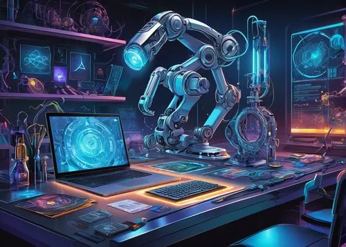 sci fiction illustration,computer workstation,cybernetics,computer,computer art,barebone computer,robotics,sci fi surgery room,computer room,industrial robot,man with a computer,cyclocomputer,automation,crypto mining,computer system,computer game,game illustration,desktop computer,machines,cyber,Unique,Design,Sticker