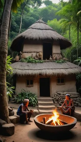 Ancient communal living, traditional tribal village, mud huts with thatched roofs, wooden doors, intricate carvings, group of people from different age groups, elders sitting on stone benches, childre