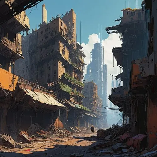 destroyed city,slums,post-apocalyptic landscape,slum,post apocalyptic,ancient city,post-apocalypse,wasteland,cityscape,kowloon city,ruin,human settlement,ruins,suburb,urbanization,lost place,scrapyard,urban landscape,industrial ruin,city blocks,Conceptual Art,Sci-Fi,Sci-Fi 01