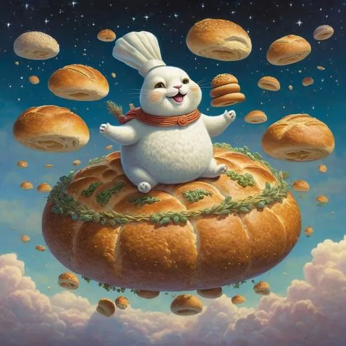 funny god of bread and buns, floating in the sky,cream bun,cheese bun,sesame bun,kaiser roll,bun,freshly baked buns,donut illustration,pan de muerto,sausage bun,star roll,saffron bun,matjesbrötchen,sw