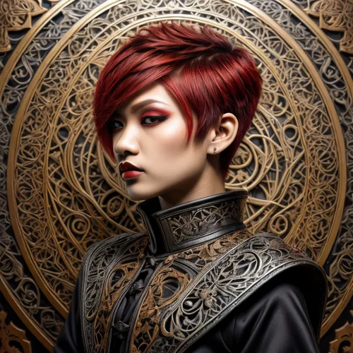 Warhammer Inquisitor  young girl filipina pinay with a gothic and regal appearance. She has short, striking red hair styled pixie bob cut, which frame her striking filipina face. Her eyes are heavily 