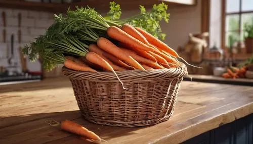 A wicker basket of Fresh carrots on a wooden table in a kitchen room top view,vegetable basket,carrots,carrothers,carota,carrot,carrot pattern,crate of vegetables,carrot salad,carrott,carrola,crudites