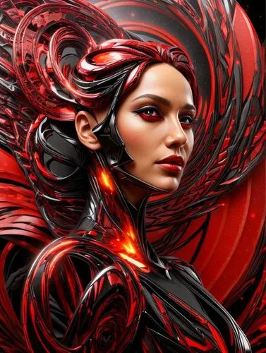 Badge design, regular hexagon, sci-fi futuristic style, burning flames, abstract art, passionate red and black color scheme  ,an abstract digital artwork depicting a woman,kerrii,kerrigan,katniss,dart