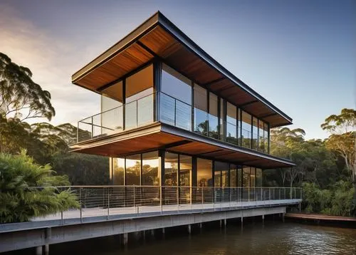 Modern Australian architecture, prestigious award-winning building, sleek lines, minimalist facade, floor-to-ceiling glass windows, cantilevered roof, steel beams, wooden accents, lush greenery surrou